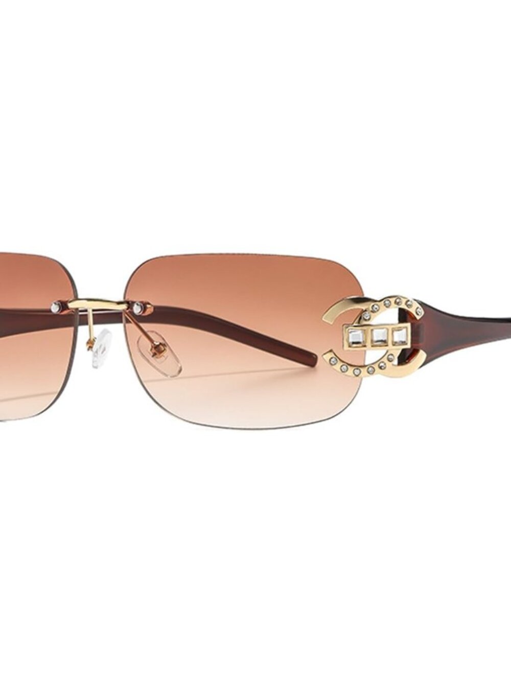 Elegant Rimless Rectangle Sunglasses for Women, Rhinestone Detail & UV400 Lens